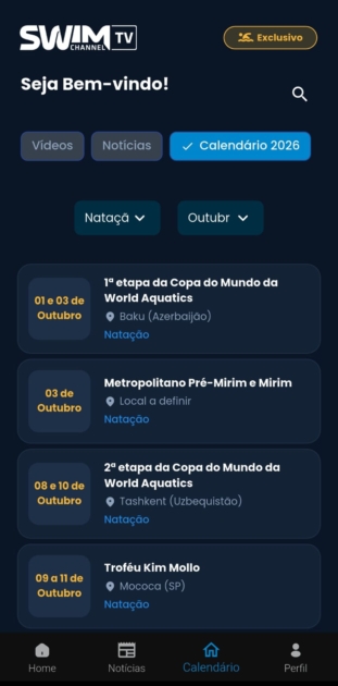 aplicativo swim channel - calendario